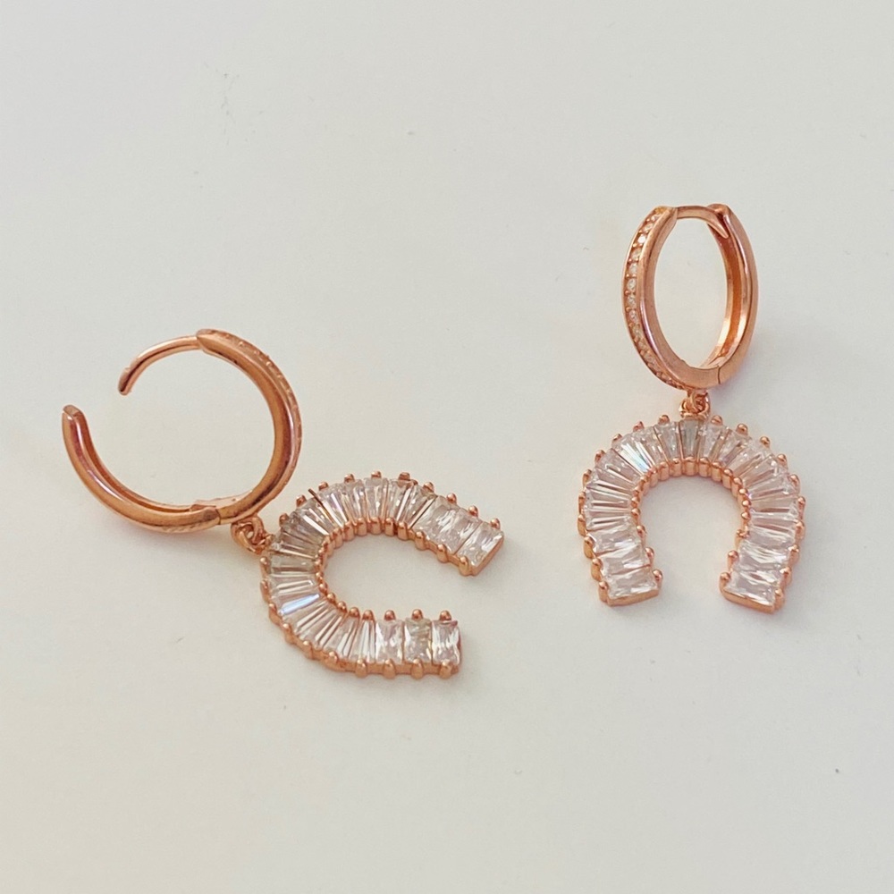925 Silver horseshoe earrings dangling crescent 14k rose gold plated